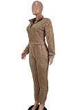 SUPER WHOLESALE|Camel Thick Double Velvet V Collar Casual Pants Sets AGY68534