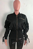 Navy Blue Wholesale New Drawstring Long Sleeve Zipper Tunics Jacket QZ7007-4