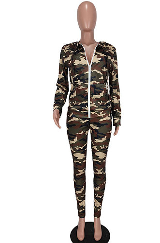 Camo Autumn Winter Fashion Hoodie Zipper Sport Pants Sets BYQ3117
