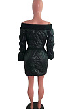 Wine Red Fashion Luxe A Wrod Shouldet Puff Sleeve Zipper Tops Mini Skirts Sets QZ7008-1