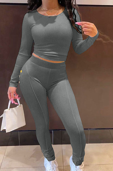 Black Simple Long Sleeve Back Bandage Tops Letter Printed Skinny Pants Sets DN8645-1