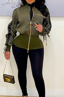 Army Green Wholesale New Drawstring Long Sleeve Zipper Tunics Jacket QZ7007-5