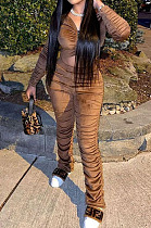 Khaki Wholesale Women's Ruffle Velvet Long Sleeve V Neck Crop Tops Trousers Suit QC8050-3