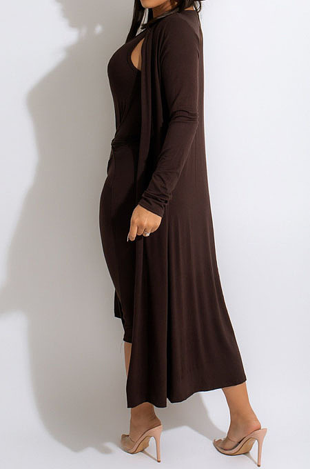Grey Fashion Lace-Up Tank Dress+Cardigan Coat Solid Color Suit QZ3328-3