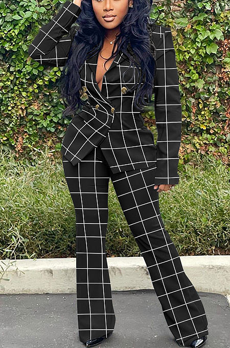 Black Euramerican Plaid Jacket Casual Suits Wide Leg Pants Two Pieces Q984-3