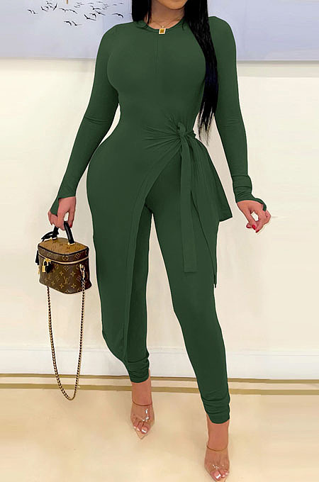 Peacock Blue Wholesale New Long Sleeve Round Neck Lace-Up Knotted Irregularity Tops Skinny Pants Solid Color Suit SZS8198-6