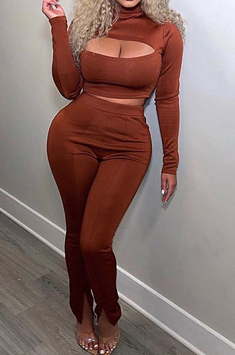 White  Women's Long Sleeve Stand Collar Hollow Out Sexy Split Pants Sets Q983-1
