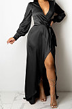 Black Trendy Sexy Pure Color Women Deep V Collar Bandage Long Sleeve Split Long Dress XZ5373-2