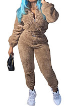 SUPER WHOLESALE|Camel Thick Double Velvet V Collar Casual Pants Sets AGY68534