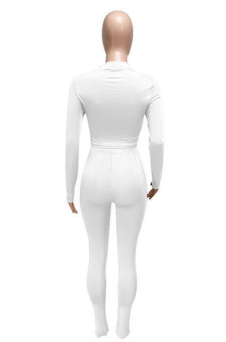 Blue Women's Long Sleeve Stand Collar Hollow Out Sexy Split Pants Sets Q983-2