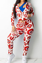 Red Fashion Women's Design Printed Long Sleeve Zipper Tops Skinny Pants Suit T243-2