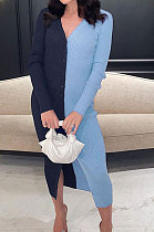 Blue Cotton Blend Sexy V Collar High Waist Color Matching Buttons Long Dress CSM21475-1