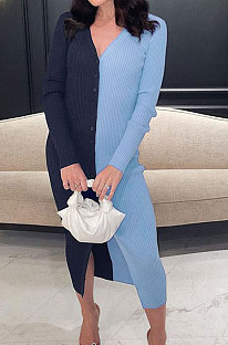 Blue Cotton Blend Sexy V Collar High Waist Color Matching Buttons Long Dress CSM21475-1