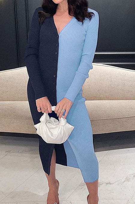 Blue Cotton Blend Sexy V Collar High Waist Color Matching Buttons Long Dress CSM21475-1