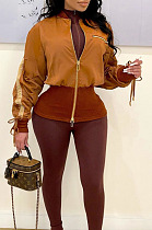 Brown Wholesale New Drawstring Long Sleeve Zipper Tunics Jacket QZ7007-3