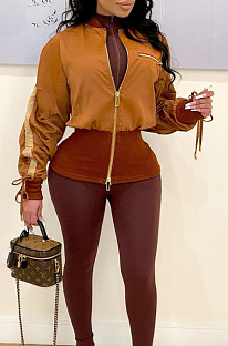 Brown Wholesale New Drawstring Long Sleeve Zipper Tunics Jacket QZ7007-3