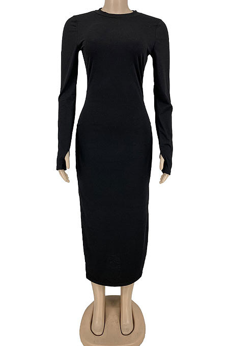 Orange Sexy Cotton Long Sleeve O Neck High Slit Slim Fitting Dress DN8646-1