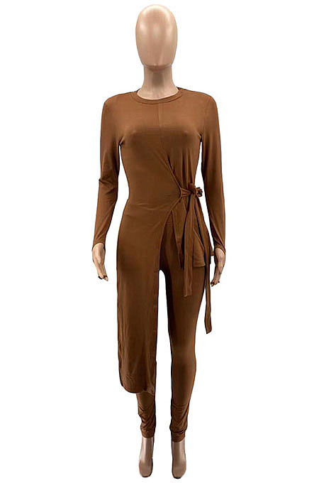 Peacock Blue Wholesale New Long Sleeve Round Neck Lace-Up Knotted Irregularity Tops Skinny Pants Solid Color Suit SZS8198-6