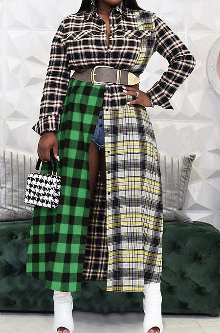 Dark Blue Luxe New Women's Color Matching Plaid Printed Long Sleeve Slim Fitting Dress SZS6031-3
