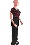 Wine Red Night Club Irregularity Sequins Spliced Short Sleeve Wide Leg Jumpsuits QZ6130-2