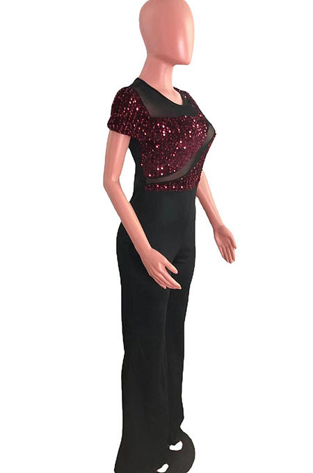 Wine Red Night Club Irregularity Sequins Spliced Short Sleeve Wide Leg Jumpsuits QZ6130-2