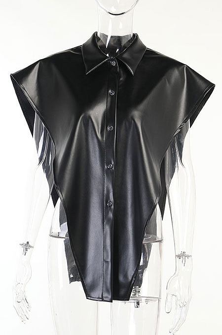 Dark Red Women Sexy PU Leather Solid Color Loose Shirts Tanks CSM21387-4