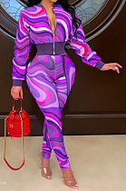 Purple Women Long Sleeve Zipper Bodycon Printing Pants Sets AGY68530-3