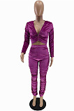 Blue Wholesale Women's Ruffle Velvet Long Sleeve V Neck Crop Tops Trousers Suit QC8050-1