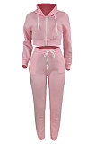 Pink Hoodie Pure Color Long Sleeve Zipper Sport Pants Sets AGY68532