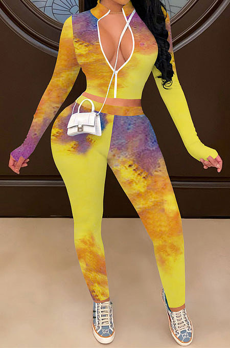 Multi Women's Color Block Sexy Zipper Long Sleeve Pants Sets QQM4342-1