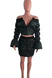 Wine Red Fashion Luxe A Wrod Shouldet Puff Sleeve Zipper Tops Mini Skirts Sets QZ7008-1