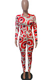 Red Fashion Women's Design Printed Long Sleeve Zipper Tops Skinny Pants Suit T243-2