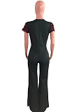Wine Red Night Club Irregularity Sequins Spliced Short Sleeve Wide Leg Jumpsuits QZ6130-2