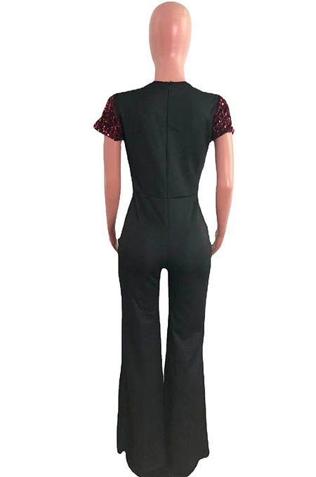Wine Red Night Club Irregularity Sequins Spliced Short Sleeve Wide Leg Jumpsuits QZ6130-2