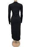 Black Sexy Cotton Long Sleeve O Neck High Slit Slim Fitting Dress DN8646-2