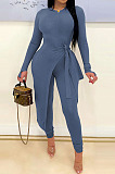 Peacock Blue Wholesale New Long Sleeve Round Neck Lace-Up Knotted Irregularity Tops Skinny Pants Solid Color Suit SZS8198-6