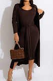 Grey Fashion Lace-Up Tank Dress+Cardigan Coat Solid Color Suit QZ3328-3