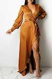 Brown Trendy Sexy Pure Color Women Deep V Collar Bandage Long Sleeve Split Long Dress XZ5373-1
