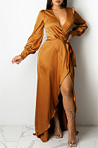 Brown Trendy Sexy Pure Color Women Deep V Collar Bandage Long Sleeve Split Long Dress XZ5373-1