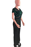 Wine Red Night Club Irregularity Sequins Spliced Short Sleeve Wide Leg Jumpsuits QZ6130-2
