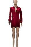 Red Women's Korea Velvet Deep V Collar Tied Sexy T Shirt/Shirt Dress Q982-1
