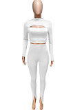 White  Women's Long Sleeve Stand Collar Hollow Out Sexy Split Pants Sets Q983-1