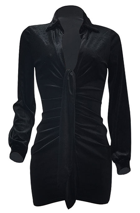 Black Women's Korea Velvet Deep V Collar Tied Sexy T Shirt/Shirt Dress Q982-2