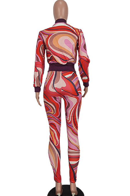 Purple Women Long Sleeve Zipper Bodycon Printing Pants Sets AGY68530-3