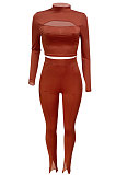 Blue Women's Long Sleeve Stand Collar Hollow Out Sexy Split Pants Sets Q983-2