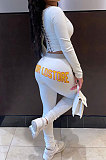 Black Simple Long Sleeve Back Bandage Tops Letter Printed Skinny Pants Sets DN8645-1