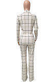 Beige Euramerican Plaid Jacket Casual Suits Wide Leg Pants Two Pieces Q984-1
