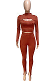 Blue Women's Long Sleeve Stand Collar Hollow Out Sexy Split Pants Sets Q983-2