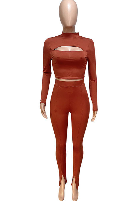 Blue Women's Long Sleeve Stand Collar Hollow Out Sexy Split Pants Sets Q983-2