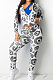 Grey Fashion Women's Design Printed Long Sleeve Zipper Tops Skinny Pants Suit T243-1